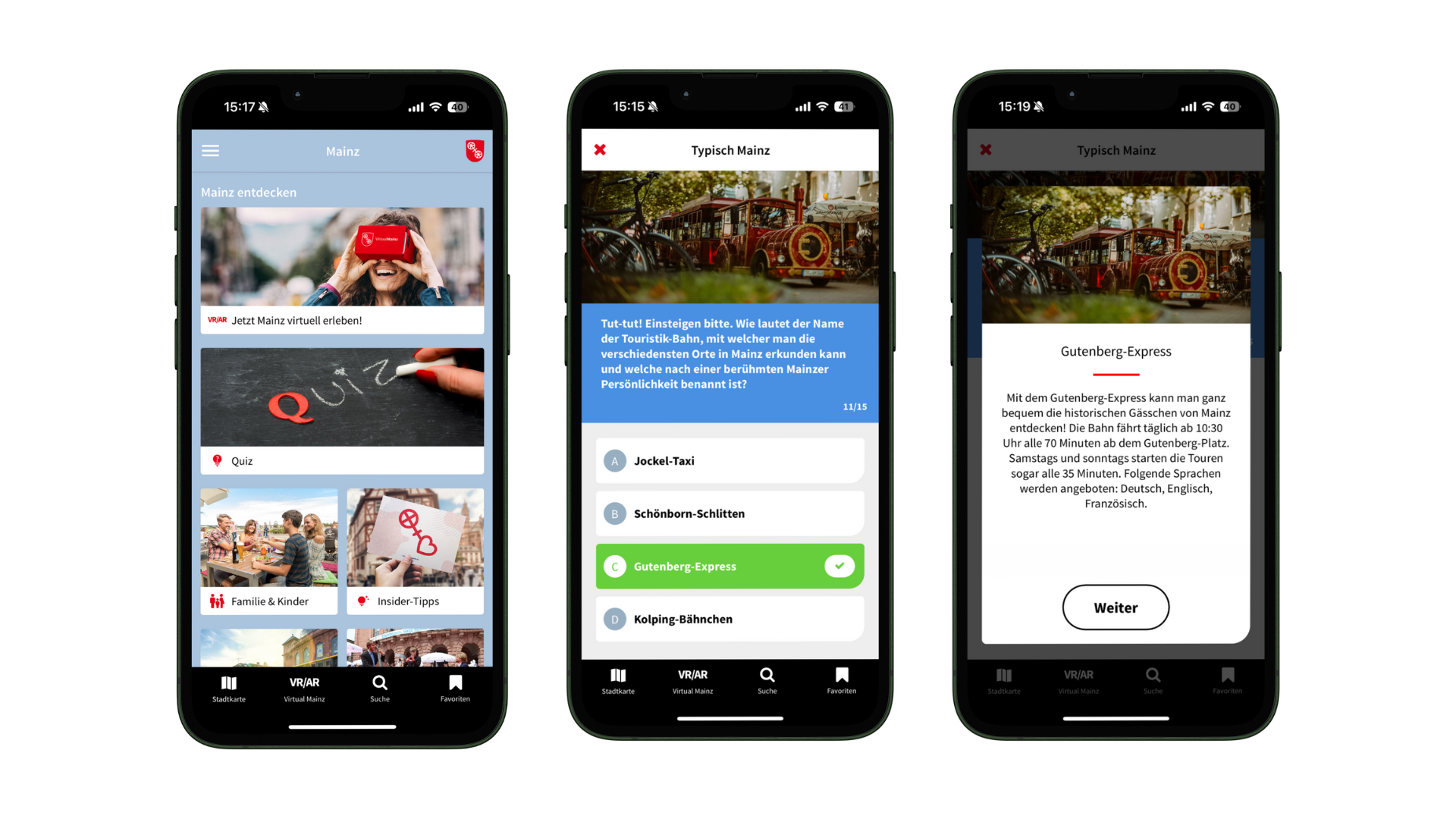 Das Bild zeigt die Darstellung des neuen Quiz-Moduls in der Mainz-App. 