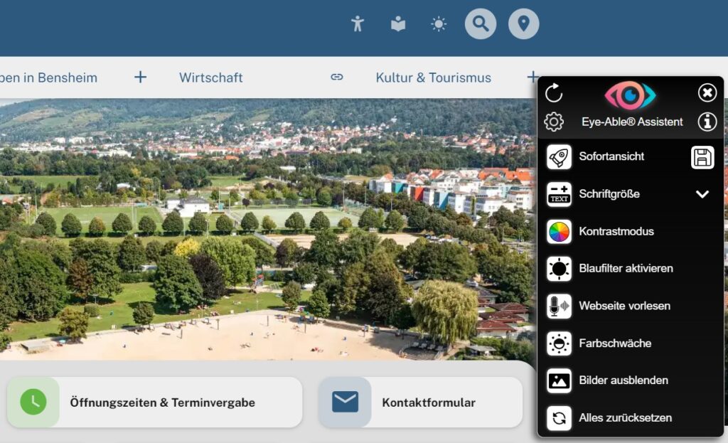 Das Tool "Eye-Able" ermöglicht es, die Seite barrierefrei darzustellen. Unter anderem lassen sich die Schriftgröße und die Kontraste verändern. 
