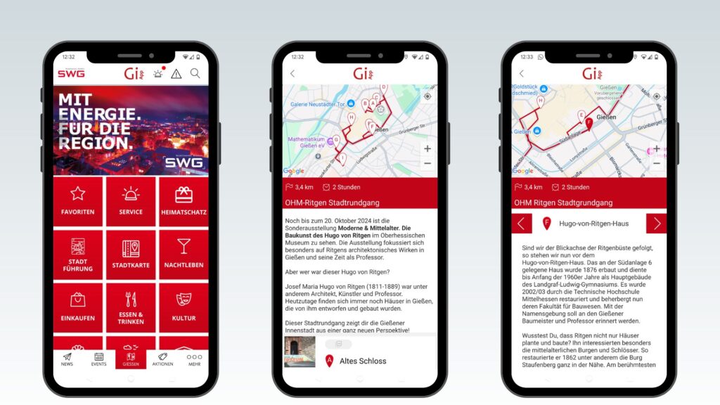Die Stadtführungen sind bereits auf dem Startbildschirm zu finden. Wird eine Führung angewählt, erscheint eine Übersichtsseite mit dr gesamten Route. Anschließend erkundet der Nutzer einen Punkt der Tour nach der anderen.