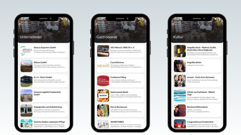 Drei Screens der neuen Frankenthal-App auf Basis von FRED, die alle Unternehmen, alle Gastronomiebetrieben und alle Kulturangebote zeigen. 
