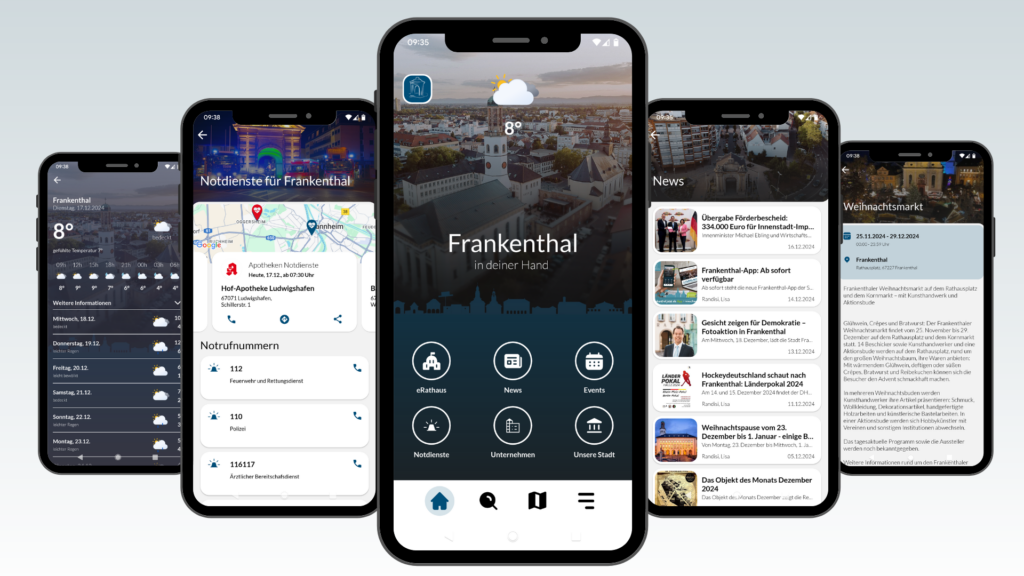 Fünf Screens der neuen Frankenthal-App auf Basis von FRED, die von links nach rechts das aktuelle Wetter zeigen, die Notrufnummern und Notdienst-Apotheken, den Startbildschirm, den Newsfeed und die Beschreibung des Weihnachtsmarktes. 