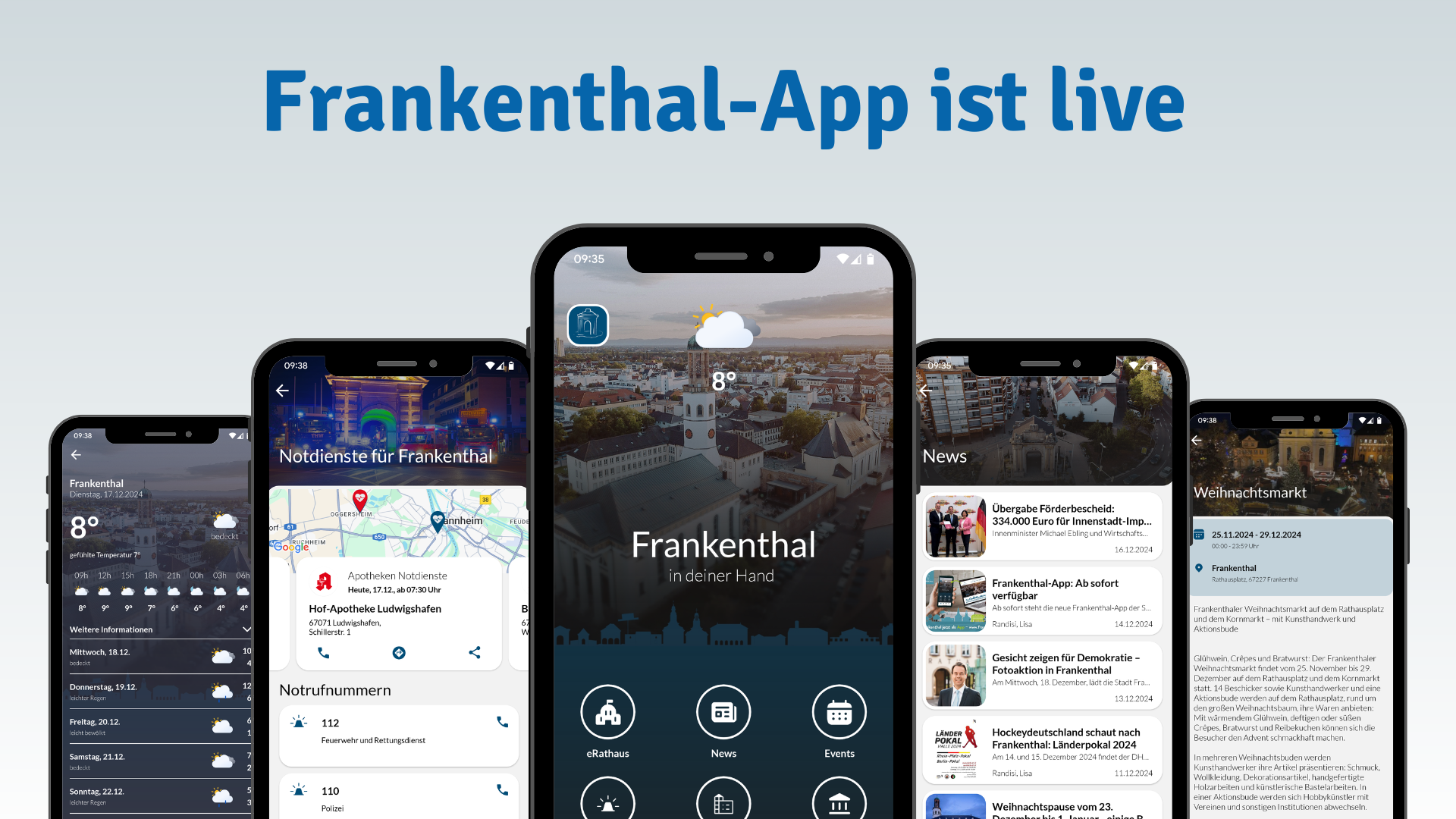 Fünf Screens der neuen Frankenthal-App auf Basis von FRED, die von links nach rechts das aktuelle Wetter zeigen, die Notrufnummern und Notdienst-Apotheken, den Startbildschirm, den Newsfeed und die Beschreibung des Weihnachtsmarktes.