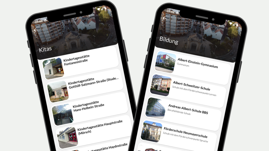 Zwei Screens der neuen Frankenthal-App auf Basis von FRED, die von links nach rechts das alle Kitas und alle Bildungsstätten der Stadt auflisten.