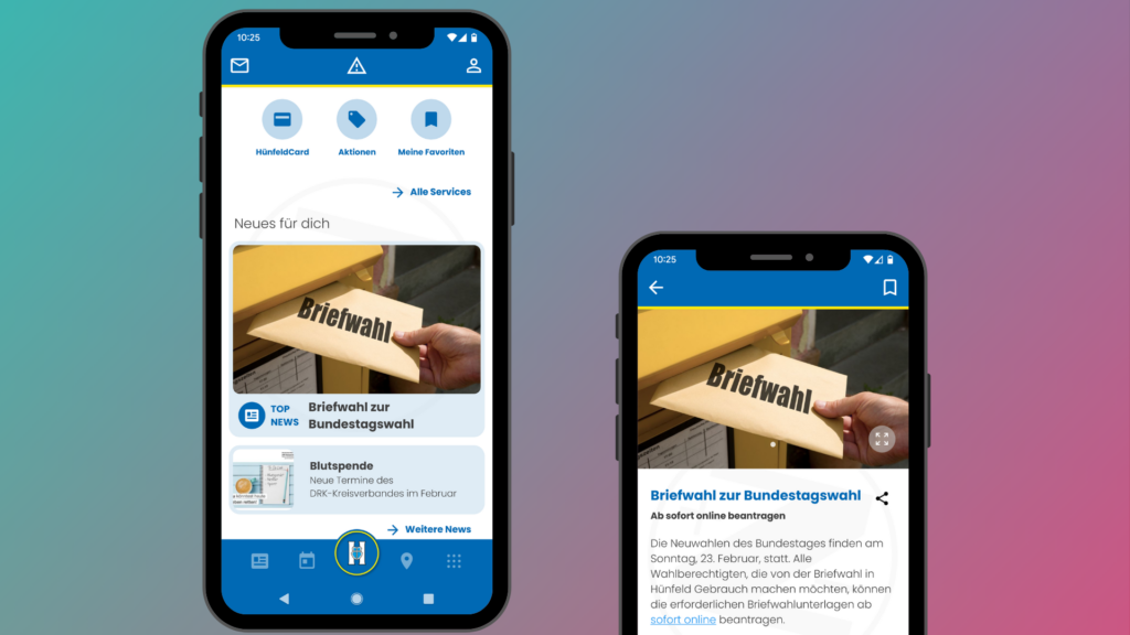 Über die Hünfeld-App macht die Stadt auf die Briefwahl aufmerksam. Eine Verlinkung führt direkt zur Beantragung der Unterlagen.
