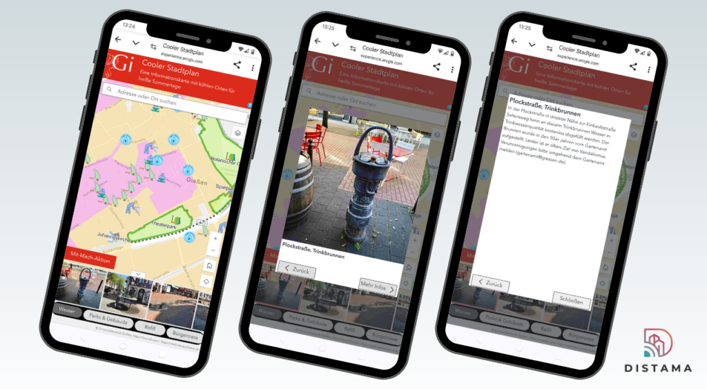 Drei Smartphones, die einmal den "Coolen Stadtplan" als solchen zeigt, einmal ein Bild von einem Trinkbrunnen und zu guter Letzt die Beschreibung des Trinkbrunnens. 